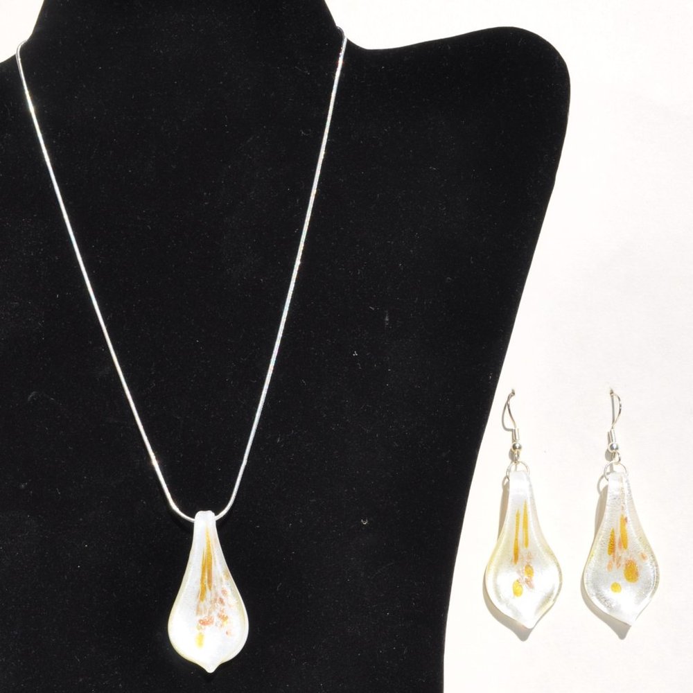 focal lampwork glass set earrings pendant & 925 necklace white gold yellow (2156